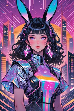 1girl, black hair, bunny girl, (masterpiece, best quality), wearing holographic dress, absurdres, cinematic lighting, skyscrapers, sunset, purple sky,