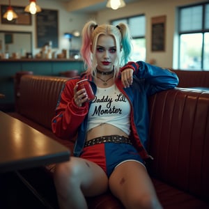 Cinematic Photography, wide shot, full body shot, panorama, 1girl, white_hair, perfect body, skinny waist | She wears a ripped white t-shirt with "Daddy's Lil Monster" written on it. A two-toned, shiny jacket with one sleeve red and the other blue, paired with a short pair of matching blue and red shorts. Accessories include a choker necklace, studded belt, fishnet stockings, and fingerless gloves. Her face is covered with a white, almost clown-like foundation that gives her a pale, dramatic appearance, typical of Harley Quinn’s character. She has heavy, smudged eye makeup, with her left eye shaded in blue and her right eye shaded in red, creating an unbalanced yet edgy look, her makeup is slightly smeared, especially around the eyes. She wears her hair in two high pigtails, her hair is bleached blonde, but each pigtail is dyed a different color at the tips—one side is dipped in bright pink, and the other in blue. | She sits slouched in a cozy coffee shop booth, one leg propped up on the seat, sipping her coffee with a playful grin, her bright eyes scanning the room with a carefree, rebellious air, as if she's ready to stir up trouble at any moment. | Perfect dynamic composition, Perfect Realism Photography, Portrait Photography, Realistic, hyper realistic