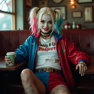 Cinematic Photography, wide shot, full body shot, panorama, 1girl, white_hair, perfect body, skinny waist | She wears a ripped white t-shirt with "Daddy's Lil Monster" written on it. A two-toned, shiny jacket with one sleeve red and the other blue, paired with a short pair of matching blue and red shorts. Accessories include a choker necklace, studded belt, fishnet stockings, and fingerless gloves. Her face is covered with a white, almost clown-like foundation that gives her a pale, dramatic appearance, typical of Harley Quinn’s character. She has heavy, smudged eye makeup, with her left eye shaded in blue and her right eye shaded in red, creating an unbalanced yet edgy look, her makeup is slightly smeared, especially around the eyes. She wears her hair in two high pigtails, her hair is bleached blonde, but each pigtail is dyed a different color at the tips—one side is dipped in bright pink, and the other in blue. | She sits slouched in a cozy coffee shop booth, one leg propped up on the seat, sipping her coffee with a playful grin, her bright eyes scanning the room with a carefree, rebellious air, as if she's ready to stir up trouble at any moment. | Perfect dynamic composition, Perfect Realism Photography, Portrait Photography, Realistic, hyper realistic