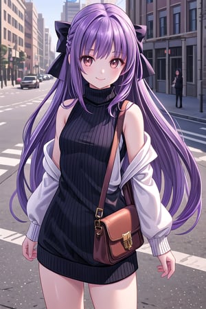 1girl,  long hair, purple hair, hair bow, brown eyes, small breasts, , street, standing, cowboy shot, turtleneck, ribbed sweater, sweater dress, sleeveless, shoulder bag, smile
,,poakl,photorealistic