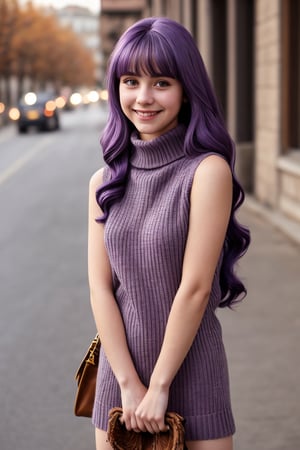 1girl,  long hair, purple hair, hair bow, brown eyes, small breasts, , street, standing, cowboy shot, turtleneck, ribbed sweater, sweater dress, sleeveless, shoulder bag, smile
,,poakl,photorealistic