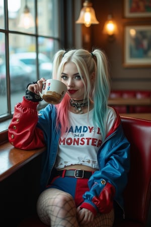 Cinematic Photography, wide shot, full body shot, panorama, 1girl, white_hair, perfect body, skinny waist | She wears a ripped white t-shirt with "Daddy's Lil Monster" written on it. A two-toned, shiny jacket with one sleeve red and the other blue, paired with a short pair of matching blue and red shorts. Accessories include a choker necklace, studded belt, fishnet stockings, and fingerless gloves. Her face is covered with a white, almost clown-like foundation that gives her a pale, dramatic appearance, typical of Harley Quinn’s character. She has heavy, smudged eye makeup, with her left eye shaded in blue and her right eye shaded in red, creating an unbalanced yet edgy look, her makeup is slightly smeared, especially around the eyes. She wears her hair in two high pigtails, her hair is bleached blonde, but each pigtail is dyed a different color at the tips—one side is dipped in bright pink, and the other in blue. | She sits slouched in a cozy coffee shop booth, one leg propped up on the seat, sipping her coffee with a playful grin, her bright eyes scanning the room with a carefree, rebellious air, as if she's ready to stir up trouble at any moment. | Perfect dynamic composition, Perfect Realism Photography, Portrait Photography, Realistic, hyper realistic