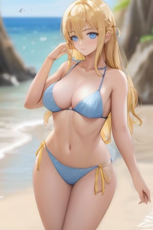 (masterpiece, best quality:1.4), (beautiful, perfect, delicate, detailed, intricate, aesthetic:1.2), 1girl, light_blue_eyes, blond_hair, yellow panties, huge_tits, bikini, 1.6 tall