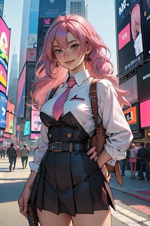 best quality,masterpiece,8k,1girl,(pink hair:1.8),cowboy shot,day,light smile,school uniform,Times Square USA,mitsuri(demon slayer)