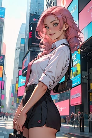 best quality,masterpiece,8k,1girl,(pink hair:1.8),cowboy shot,day,light smile,school uniform,Times Square USA,mitsuri(demon slayer)