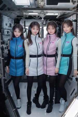 masterpiece, highest quality, High resolution,photoreal:5,4k,8k,(inside space station):5, multiple girls,6+ girls,
BREAK
(korean beautiful idol girls):5,20yo,(they wear diffrent color down vest) (waterblue down vest):100,(pink down vest):50,(white down vest):50,(black down vest):50,northface long down vest,
BREAK
beautiful face,beautiful eyes,super happy smiling, open mouth, opened eyes,
BREAK
black long sleeves,black tights, friends, headphones, group shot, zoom ,inside space station 