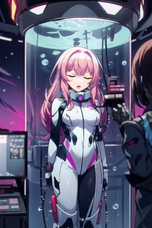 (best quality), (highly detailed), masterpiece, (official art),(noelle_silva, pink hair, close eyes,long hair, bangs), lips, ((stasis tank)), (((underwater))), bubbles, mind control, air bubble, ((submerged, stationary restraints)),  plugsuit, tight-fit,spacesuit, collar,restrained, science fiction, pink theme, astrovest:3, cable,  stationary restraints, blurry background,depth of field, best quality, masterpiece, intricate details, tonemapping, sharp focus, hyper detailed, trending on Artstation,stasis tank,astrovest