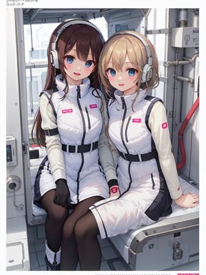 (2 girls):4,group shot,(dynamic pose):1.3,(masterpiece:1.2, best quality), (highly detailed:1.3),headphone,(white downvest):1.1,(puffer vest):1.4,(long down vest),Astrovest,BREAK inside cyberpunk white and blue futuristic space station,BREAK,black long sleeve,perfect model style,
black tights,black belt,snow boots,iwatch,BREAK,sitting on the futurstic bed,kiss,friendship, smiling very happily,beautiful  eyes,tareme-eyes,breakdomain,V-shaped eyebrows,bing_astronaut,blonde long hair BREAK blush:1.3,astrogirl,towards camera, high detail expression,wonderful illustration, high quality, detailed, pixiv illustration, souvenir photo of near-future white and silver space station travel,