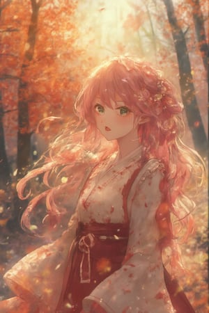 high quality, 8K Ultra HD, 3D effect, A digital illustration of anime style, soft anime tones, Atmosphere like Kyoto Animation, luminism, three dimensional effect, 3d render, octane render, Isometric, awesome full color, delicate and anime character expressions, playful body manipulations, Whimsical lighting, Enchanted ambiance, Soft textures, Imaginative artwork, Ethereal glow, Silent Luminescence, Whispering Silent, Iridescent Encounter, pixie dust glittering, vibrant background, full body, (((rule of thirds))), high quality, high detail, high resolution, (bokeh:2), warm autumn lighting, (autumn forest):1.3, BREAK 1girl, BREAK (long flowing pink hair):1.5, BREAK (sparkling lime green eyes):1.8, BREAK solo, looking at falling leaves, autumn kimono, maple leaf pattern, gentle smile, hands reaching out to catch leaves, BREAK wistful expression, nostalgic gaze, slight blush:1.2, BREAK (falling autumn leaves in background):1.2, (colorful autumn foliage):1.1, (soft golden sunlight):1.3, (red maple trees):1.4, (cherry blossom hair accessory):1.5