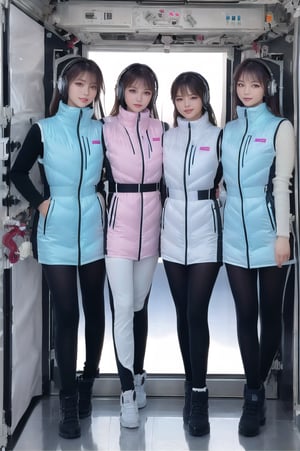 masterpiece, highest quality, High resolution,photoreal:5,4k,8k,(inside space station):5, multiple girls,6+ girls,
BREAK
(korean beautiful idol girls):5,20yo,(they wear diffrent color down vest) (waterblue down vest):100,(pink down vest):50,(white down vest):50,(black down vest):50,northface long down vest,
BREAK
beautiful face,beautiful eyes,super happy smiling, open mouth, opened eyes,
BREAK
black long sleeves,black tights, friends, headphones, group shot, zoom ,inside space station 