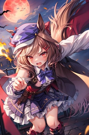 matikane tannhauser (umamusume), (poatrait shot):10,wind:1.2,(vampire attacking pose):10,BREAK (red shiig glowing eyes):100,BREAK animal ears, horse ears,tail, horse tail,brown hair,shirt, horse girl,Halloween costume, one woman, 20 years old, vampire, blonde long hair, red eyes,she is lunging forward with a dagger in hands,(big dagger):10, ruthless, confident, menacing, contemptuous, fearless snarl, looking at viewer, late night, (full red moon),hair ornament, , frills, streaked hair, blue bow, multicolored hair, puffy sleeves, center frills, frilled skirt, bowtie, knee boots, cabbie hat,pouch, ears through headwear, collared shirt, belt, white hair, medium hair,tsurime,flaming eye