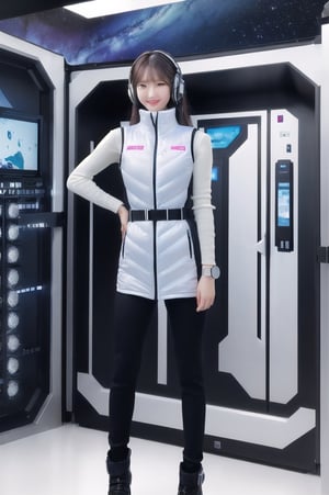 masterpiece:1.4, masterpiece,best quality,1girl,

BREAK
 (portrait shot):100,(lower body):100,

BREAK
 one girl in ((20yr old)), instagrammer pose,idol girl, (astrovest):2,(white shiny downves):5,(white puffer vest):5,(black long sleeves):2,black belt ,smartwatch,huge breast,wears a tight futuristic latex silver and black and white bodysuit,(white boots),astrovest

BREAK 
beautiful face ,smile,japanese girl,dark brown
hair,huge-breasted, long hair, Perfect model body, Blue eyes:1.4, headphone, Flirting, Happy, Looking 

BREAK
out the window of the futuristic sci-fi space station,While admiring the beautiful galaxy:1.2, SF control room on night background:1.1, Neon and energetic atmosphere:1.2 ((Galaxy)) ,((Solo:1.6)),futuristic space station background,inside space craft,Futuristic room,neotech,