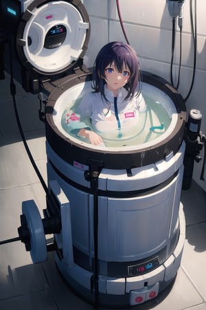 (best quality, realistic:1.2), Extreme detail, masterpiece, anime illustration,love_live style,futuristic machine,A human washing machine,bigger machine, a bath machine that automatically washes people in a large drum,1 girl, 