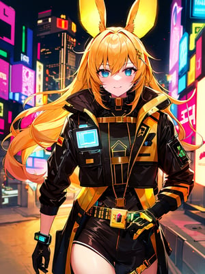 Extreme detail, cyberpunk, golden rabbit, near-future city, neon lights, data analysis, holographic screens, vital mission, data chip, symbol of peace, golden glow.