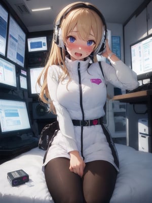 masterpiece, highest quality, High resolution, 1girl, solo, blonde long hair,headphone,headset,wear (astrovest):10,big breasts, BREAK (astrovest):10,large breasts,
night,dark bedroom,sitting on bed,black sleeve,black tights,iwatch,   wariza,open mouth,(embarrassed, nose blush:1.3)
,(vulgarity:1.1),(fucked silly:1.1),(steam:1.1),(wet:0.7),(trembling:1.1),(tears:0.8) ,(drooling:0.7),(sweat:1.1), after sex,(heart:1.3),
,(messy hair:1.2), used condom, used tissue, tissue box, breakdomain BREAK futuristic spacecraft control room background,scifi room ,futuristic room,