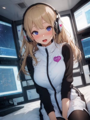 masterpiece, highest quality, High resolution, 1girl, solo, blonde long hair,headphone,headset,wear (astrovest):10,big breasts, BREAK (astrovest):10,large breasts,
night,dark bedroom,sitting on bed,black sleeve,black tights,iwatch,   wariza,open mouth,(embarrassed, nose blush:1.3)
,(vulgarity:1.1),(fucked silly:1.1),(steam:1.1),(wet:0.7),(trembling:1.1),(tears:0.8) ,(drooling:0.7),(sweat:1.1), after sex,(heart:1.3),
,(messy hair:1.2), used condom, used tissue, tissue box, breakdomain BREAK futuristic spacecraft control room background,scifi room ,futuristic room,