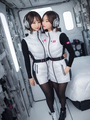 (masterpiece):1.2, best quality, (highly detailed:1.3), (2girls):2, 14yo,smile, (latex white bobysuit,headphone), (futuristic room):1.5,inside spacestation ,cyberpunk room,lying on bed,(inside cyberpunk hotel room):1.3,
, kissing, morning light, volumetric lighting,bing_astronaut,V-shaped eyebrows,Astrovest,,BREAK,black belt,black stocking,black tights,black long sleeve BREAK inside white spaceship background,astrovest,tnf_jacket