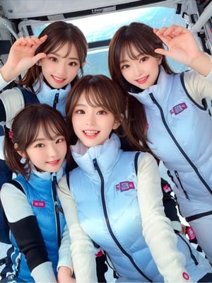 masterpiece, highest quality, High resolution,breasts, 30yo,multiple girls, (waterblue vest):100(navy vest):50,6+ girls, in spacestation , friends, super happy smiling, open mouth, opened eyes, group shot, zoom camera,Astrovest,tnf_jacket,bing_astronaut,astrovest