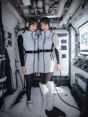 (masterpiece):1.2, best quality, (highly detailed:1.3), (2girls):2, 14yo,smile, (latex white bobysuit,headphone), (futuristic room):1.5,inside spacestation ,cyberpunk room,lying on bed,(inside cyberpunk hotel room):1.3,
, kissing, morning light, volumetric lighting,bing_astronaut,V-shaped eyebrows,Astrovest,,BREAK,black belt,black stocking,black tights,black long sleeve BREAK inside white spaceship background,astrovest,tnf_jacket