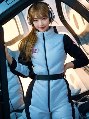 masterpiece:1.2, best quality, (highly detailed:1.3), (glamour:1.2), photo of a beautiful young woman with messy, on a luxurious spacecraft  interior, (hidden hands):3,BREAK wearing astrovest, (shiny white astrovest):2,BREAK blonde hair,long hair,wind, headphone, smile,happy,(blush, blemishes:0.6), (goosebumps:0.5), BREAK black belt,black sleeve,black tights, BREAK subsurface scattering , iridescent eyes, detailed skin texture, hourglass body shape, textured skin, realistic dull skin noise, visible skin detail, skin fuzz, dry skin, petite, photorealistic, remarkable color, (photorealistic, SFW:1.3), (upper_body from hips framing :1.3), dramatic lighting, golden_ratio, rule_of_thirds, Fujicolor_Pro_Film, BREAK futuristic bedroom,in spacestation,in spacecraft,BREAK astrovest,background,astrovest,tnf_jacket,Astrovest