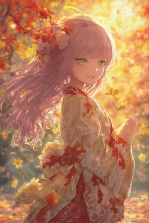 high quality, 8K Ultra HD, 3D effect, A digital illustration of anime style, soft anime tones, Atmosphere like Kyoto Animation, luminism, three dimensional effect, 3d render, octane render, Isometric, awesome full color, delicate and anime character expressions, playful body manipulations, Whimsical lighting, Enchanted ambiance, Soft textures, Imaginative artwork, Ethereal glow, Silent Luminescence, Whispering Silent, Iridescent Encounter, pixie dust glittering, vibrant background, full body, (((rule of thirds))), high quality, high detail, high resolution, (bokeh:2), warm autumn lighting, (autumn forest):1.3, BREAK 1girl, BREAK (long flowing pink hair):1.5, BREAK (sparkling lime green eyes):1.8, BREAK solo, looking at falling leaves, autumn kimono, maple leaf pattern, gentle smile, hands reaching out to catch leaves, BREAK wistful expression, nostalgic gaze, slight blush:1.2, BREAK (falling autumn leaves in background):1.2, (colorful autumn foliage):1.1, (soft golden sunlight):1.3, (red maple trees):1.4, (cherry blossom hair accessory):1.5