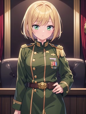 (best quality, realistic:1.2), ultra-detailed, Highly detailed, masterpiece, anime style illustration, portrait of a girl with short blonde hair, bangs, green eyes and slightly reddish cheeks, androgynous expression, she is olive green He wears a military uniform with gold epaulettes, red piping, rank insignia, and medals. Hers is a brown belt with a gold buckle, and her hands are clasped in front. She stands solemnly in a courtroom setting reminiscent of a military tribunal, with insignia and legal motifs in the interior background. Digital style artwork, soft shading, three-dimensional effect
copy a spell