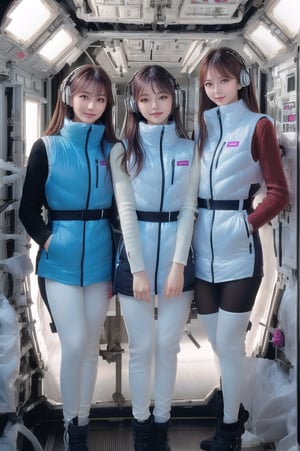 masterpiece, highest quality, High resolution,photoreal:5,4k,8k,(inside space station):5, multiple girls,6+ girls,
BREAK
(korean beautiful idol girls):5,20yo,(they wear diffrent color down vest) (waterblue down vest):100,(pink down vest):50,(white down vest):50,(black down vest):50,northface long down vest,
BREAK
beautiful face,beautiful eyes,super happy smiling, open mouth, opened eyes,
BREAK
black long sleeves,black tights, friends, headphones, group shot, zoom ,inside space station 