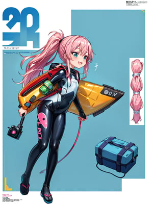 (masterpiece:1.2, best quality), (highly detailed:1.3), 1girl, 14yo, (extreme detail, illustration, concept art, fashion magazine cover, cel anime, full body shot, only one girl , front view, standing picture, blue and black neoprene women's , latex wetsuit with a detailed diagram of its features, one girl, long legs, The wetsuit is equipped with various devices, including a dive computer, a compass, a flashlight, a camera, cute beautiful anime face, (pink pony Tail hair):1.1, japanese girl, , diving girl, 1 girl, smile, (white background):1.2