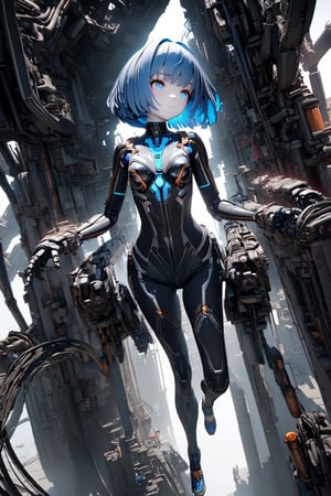 1girl, a robot girl, bob cut, short electric blue hair, glowing blue eyes, white skin, white metal skin, standing in a machine that repairs her. Cables connect the robot girl with the machine. Robot arms hold the girl. Some parts of her body are opened for repair ((masterpiece)), 3D, ((best quality)), (ultra-detailed), ((extremely detailed cg)), ((an extremely delicate)), (perfect lighting), ((8k)), (dynamic angle), (sharp image), (masterpiece, best quality, ultra detailed),more_details:1.5,robot tight suit
