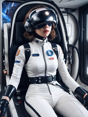1girl, solo, long hair, breasts, (drooling):1.2, (Womb tattoo):5,opening mouth, sweating,,(space helmet):10,(clear_helmet):8,Cyberpunk VR Headset ,looking at viewer,BREAK  futurstic space station,(seat belts):5,bangs, large breasts, sitting, blonde hair,short hair, headphone,,galaxy,starry space, narraw cockpit seat,(cockpit seat with seat belts):10,sitting, cloud, spread legs, BREAK (white bodysuit):1.2, hair intakes, skin tight, science fiction, pilot suit, cockpit,breakdomain,Cyberpunk VR ,masterpiece