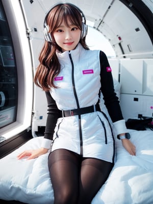 masterpiece:1.2, (best quality), (highly detailed:1.3), (1girl):10,(portrait shot):5 ,14yo,
BREAK
(shiny white astrovest),headphones,(black tights),(black long sleeves):2,astrovest:5,black belt ,smartwatch,huge breast,iside sacestatio,(inside spacecraft):5,hightech bed room,lying on bed,(futuristic spacestation):5,near future,
BREAK
open eyes,(black wavy long hair girl , long hair girl),wind:2,
, smile,look at viewer,nose blush ,lovers, morning light, volumetric lighting,astrovest,bing_astronaut,japanese girl,