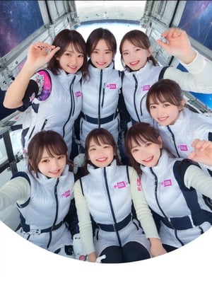 masterpiece, highest quality, High resolution,breasts, 30yo,multiple girls, (waterblue vest):100(pink vest):50,6+ girls, in spacestation , friends, super happy smiling, open mouth, opened eyes, group shot, zoom camera,Astrovest,tnf_jacket,bing_astronaut,astrovest