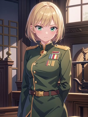 (best quality, realistic:1.2), ultra-detailed, Highly detailed, masterpiece, anime style illustration, portrait of a girl with short blonde hair, bangs, green eyes and slightly reddish cheeks, androgynous expression, she is olive green He wears a military uniform with gold epaulettes, red piping, rank insignia, and medals. Hers is a brown belt with a gold buckle, and her hands are clasped in front. She stands solemnly in a courtroom setting reminiscent of a military tribunal, with insignia and legal motifs in the interior background. Digital style artwork, soft shading, three-dimensional effect
copy a spell