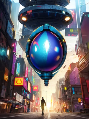 Extreme detail, masterpiece, (one egg):8,anime_style, cyberpunk egg, human-machine hybrid, new life form, abandoned research facility, metallic shine, changing colors, future city, awakening.
