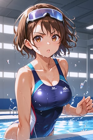 masterpiece, best quality, ultra-detailed, perfect anatomy, High detailed, detailed background, beautiful face, 

a girl, athletic build, extremely pretty face, ultra-detailed face, oval face, determined expression, short hair, wet hair slicked back, brunette hair, ultra-detailed eyes, tareme, brown eyes, simple eyelid, beautiful eyebrow, (eyelashes:0.4), parted_lips, focused gaze,

(((olympic swimming pool))), lane lines visible, starting blocks in background, intense action shot, mid-stroke pose, arms extended forward,  competitive swimsuit, sleek one-piece swimsuit, goggles on face,

bright indoor lighting, water droplets on skin, dynamic angle, three quarter view, perfect anatomy,

5_fingers, beautiful_female_fingers, streamlined hand position,

motion blur, action lines, water splashes,

tanned skin, muscular shoulders and arms, 

score_9, score_8_up, score_7_up,