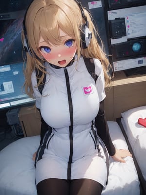 masterpiece, highest quality, High resolution, 1girl, solo, blonde long hair,headphone,headset,wear (astrovest):10,big breasts, BREAK (astrovest):10,large breasts,
night,dark bedroom,sitting on bed,black sleeve,black tights,iwatch,   wariza,open mouth,(embarrassed, nose blush:1.3)
,(vulgarity:1.1),(fucked silly:1.1),(steam:1.1),(wet:0.7),(trembling:1.1),(tears:0.8) ,(drooling:0.7),(sweat:1.1), after sex,(heart:1.3),
,(messy hair:1.2), used condom, used tissue, tissue box, breakdomain BREAK futuristic spacecraft control room background,scifi room ,futuristic room,