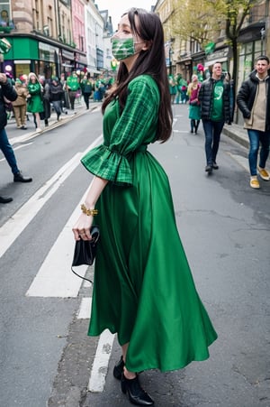 Extreme detail,celebration,St. Patrick's Day,Celtic traditions,girl in green dress,green outfit,black hair,walking through the city,contemplating history