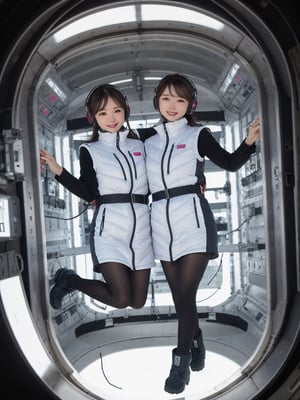 masterpiece, highest quality, High resolution, 2 girls,beautiful girls,(waist shot):2,(floating girl):8,(zero gravity):8, (Big jump):5,(flying):7, flight, fun, smile, shout, (fall):8,  dynamic angle,BREAK white downvest,headphone,headset,(white snow boots),Wind,Wind,Wind,BREAK,black belt,black stocking,black tights,black long sleeve BREAK inside futuristic space station,Scifi space ship control room BREAK Astrovest,tnf_jacket,bing_astronaut