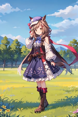 matikane tannhauser (umamusume), (poatrait shot):10,(smile):1.1,(nosebleed):5,BREAK animal ears, horse ears,tail, horse tail,boots,brown hair, white shirt, horse girl,hat,long sleeves,hairclip, blue skirt,brown footwear,hair ornament, brown eyes, puffy long sleeves, blue headwear,bow, frills, streaked hair, blue bow, multicolored hair, puffy sleeves, center frills, frilled skirt, bowtie, knee boots, cabbie hat,pouch, ears through headwear, collared shirt, belt, white hair, medium hair,,BREAK (field of grass,
grassy plains,grasslands,outdoor,daytime,bluesky )