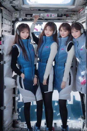 masterpiece, highest quality, High resolution,photoreal:5,4k,8k,(inside space station):5, multiple girls,6+ girls,
BREAK
(korean beautiful idol girls):5,20yo,(they wear diffrent color down vest) (waterblue down vest):100,(pink down vest):50,(white down vest):50,(black down vest):50,northface long down vest,
BREAK
beautiful face,beautiful eyes,super happy smiling, open mouth, opened eyes,
BREAK
black long sleeves,black tights, friends, headphones, group shot, zoom ,inside space station 