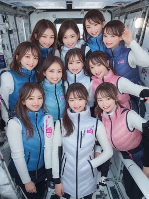 masterpiece, highest quality, High resolution,breasts, 30yo,multiple girls, (waterblue vest):100(pink vest):50,6+ girls, in spacestation , friends, super happy smiling, open mouth, opened eyes, group shot, zoom camera,Astrovest,tnf_jacket,bing_astronaut,astrovest