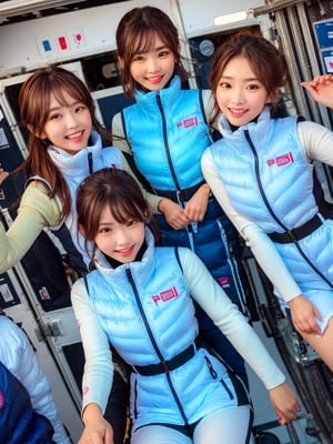 masterpiece, highest quality, High resolution,breasts, 30yo,multiple girls, (waterblue vest):100(navy vest):50,6+ girls, in spacestation , friends, super happy smiling, open mouth, opened eyes, group shot, zoom camera,Astrovest,tnf_jacket,bing_astronaut,astrovest