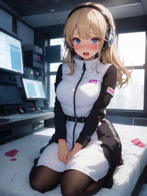 masterpiece, highest quality, High resolution, 1girl, solo, blonde long hair,headphone,headset,wear (astrovest):10,big breasts, BREAK (astrovest):10,large breasts,
night,dark bedroom,sitting on bed,black sleeve,black tights,iwatch,   wariza,open mouth,(embarrassed, nose blush:1.3)
,(vulgarity:1.1),(fucked silly:1.1),(steam:1.1),(wet:0.7),(trembling:1.1),(tears:0.8) ,(drooling:0.7),(sweat:1.1), after sex,(heart:1.3),
,(messy hair:1.2), used condom, used tissue, tissue box, breakdomain BREAK futuristic spacecraft control room background,scifi room ,futuristic room,