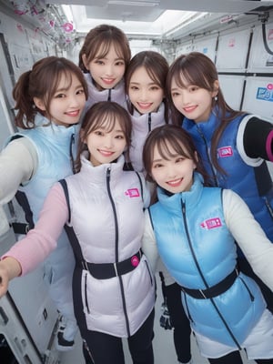 masterpiece, highest quality, High resolution,breasts, multiple girls, (waterblue vest):100(pink vest):50,6+ girls, in spacestation , friends, super happy smiling, open mouth, opened eyes, group shot, zoom camera,Astrovest,tnf_jacket,bing_astronaut,astrovest