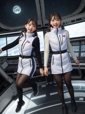 masterpiece, highest quality, High resolution, 2 girls,beautiful girls,(waist shot):2,(floating girl):8,(zero gravity):8, (Big jump):5,(flying):7, flight, fun, smile, shout, (fall):8,  dynamic angle,BREAK white downvest,Wind,Wind,Wind,BREAK,black belt,black stocking,black tights,black long sleeve BREAK inside futuristic space station,Scifi space ship control room BREAK Astrovest,tnf_jacket,bing_astronaut