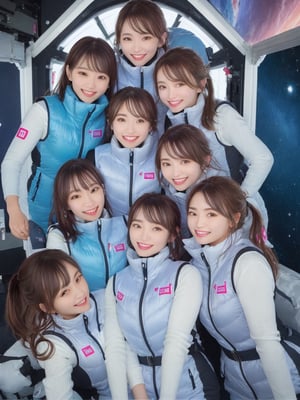 masterpiece, highest quality, High resolution,breasts, 30yo,multiple girls, (waterblue vest):100(pink vest):50,6+ girls, in spacestation , friends, super happy smiling, open mouth, opened eyes, group shot, zoom camera,Astrovest,tnf_jacket,bing_astronaut,astrovest