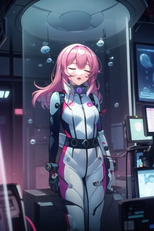 (best quality), (highly detailed), masterpiece, (official art),(noelle_silva, pink hair, close eyes,long hair, bangs), lips, ((stasis tank)), (((underwater))), bubbles, mind control, air bubble, ((submerged, stationary restraints)),  plugsuit, tight-fit,spacesuit, collar,restrained, science fiction, pink theme, astrovest:3, cable,  stationary restraints, blurry background,depth of field, best quality, masterpiece, intricate details, tonemapping, sharp focus, hyper detailed, trending on Artstation,stasis tank,astrovest