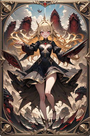 (masterpiece:1.4), ((best quality, 8k, ultra-detailed)), vanpire girl,red eyes,blonde long hair,black dress,load,, monster illustration, beautiful, full body, in TCG Card frame,high-handed, princess,satanic laughter