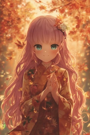 high quality, 8K Ultra HD, 3D effect, A digital illustration of anime style, soft anime tones, Atmosphere like Kyoto Animation, luminism, three dimensional effect, 3d render, octane render, Isometric, awesome full color, delicate and anime character expressions, playful body manipulations, Whimsical lighting, Enchanted ambiance, Soft textures, Imaginative artwork, Ethereal glow, Silent Luminescence, Whispering Silent, Iridescent Encounter, pixie dust glittering, vibrant background, full body, (((rule of thirds))), high quality, high detail, high resolution, (bokeh:2), warm autumn lighting, (autumn forest):1.3, BREAK 1girl, BREAK (long flowing pink hair):1.5, BREAK (sparkling lime green eyes):1.8, BREAK solo, looking at falling leaves, autumn kimono, maple leaf pattern, gentle smile, hands reaching out to catch leaves, BREAK wistful expression, nostalgic gaze, slight blush:1.2, BREAK (falling autumn leaves in background):1.2, (colorful autumn foliage):1.1, (soft golden sunlight):1.3, (red maple trees):1.4, (cherry blossom hair accessory):1.5