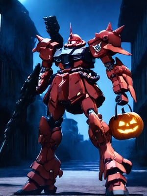 1 boy, zaku, gundam, general,
standing,
professional 3d model of (ZEON:0.8), mecha, (glowing one-eyed:1.0), full body, (mecha armor:1), mechanical parts, robot joints, (holding weapon:1), octane render, highly detailed, volumetric, dramatic lighting,
Halloween costume, clutching a pumpkin in its gnarled claws. with tattered fabric, sharp fangs, and glowing eyes that pierce through the darkness, its weathered facade and broken windows adding to the eerie atmosphere. The pumpkin held by the monster is intricately carved with a wicked grin, its candlelight casting eerie shadows on the surroundings,
night, in night town, abandoned building,
best quality, good quality, very aesthetic, absurdres, newest,